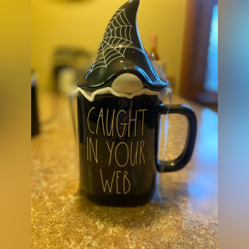NWT Rae Dunn “Caught in your Web” mug with Gome lid with spiderweb as his hat